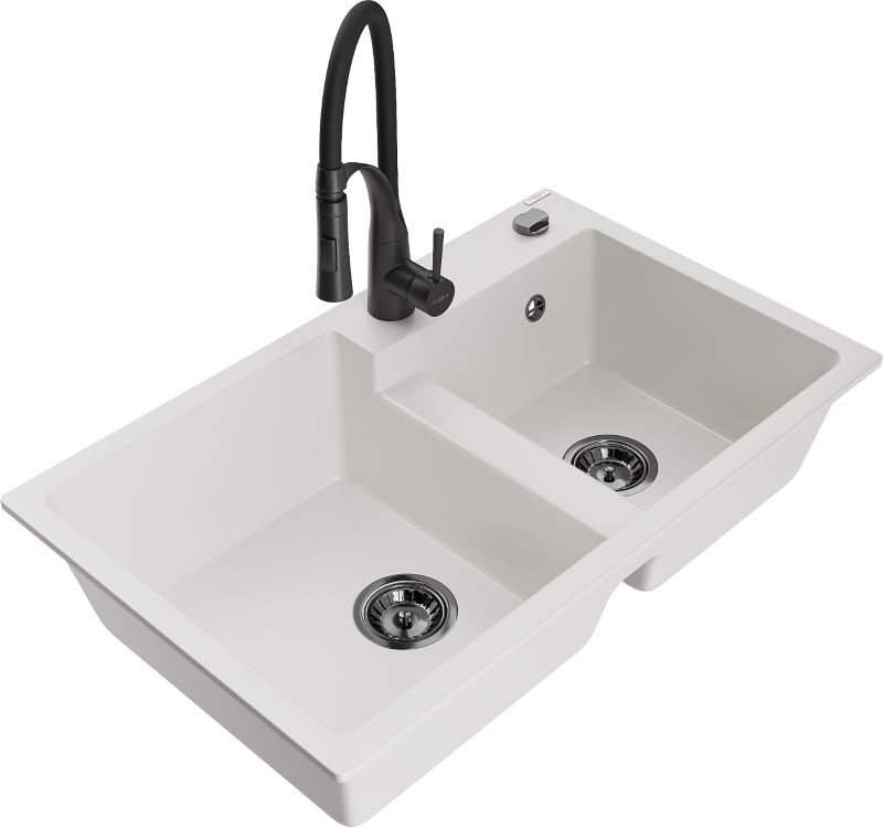 Zlewozmywak granitowy Mexen Tomas 2-komorowy z baterią kuchenną Aster biały - 6516-20-73450-57-G 1 szt.