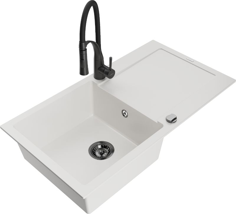 Zlewozmywak granitowy Mexen Leo 1-komorowy z ociekaczem i baterią kuchenną Aster biały - 6501-20-73450-57-B 1 szt.