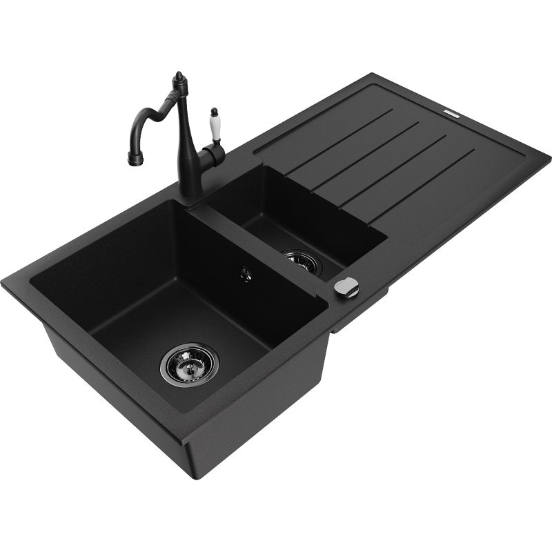 Zlewozmywak granitowy 1.5-komorowy Mexen Andres z ociekaczem i baterią kuchenną Carla czarny - 6515-77-670700-00 1 szt.