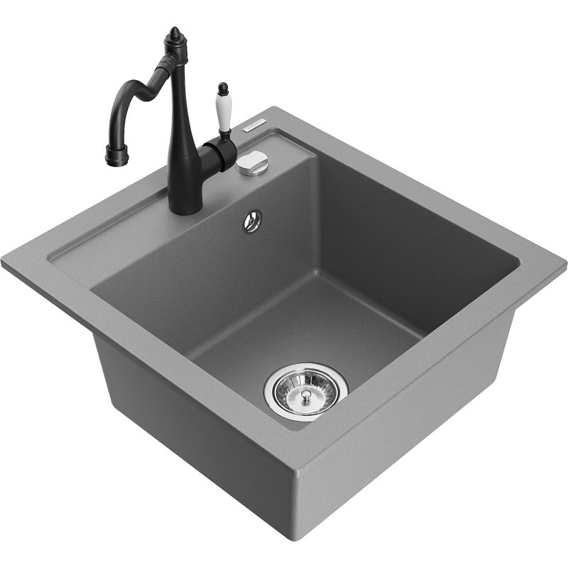 Zlewozmywak granitowy 1-komorowy Mexen Vito z baterią kuchenną Carla szary 6503-71-670700-70