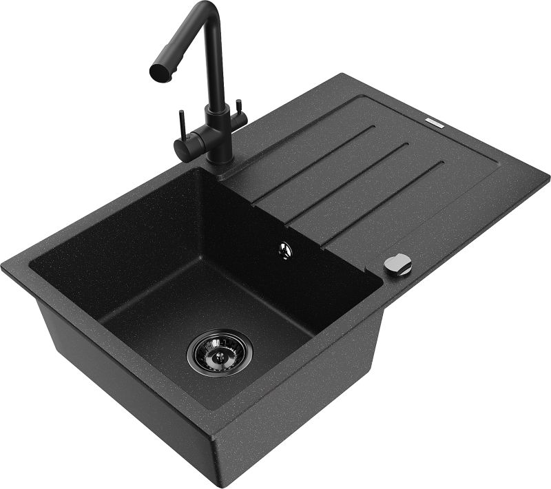 Zlewozmywak granitowy Mexen Bruno 1-komorowy z ociekaczem i baterią kuchenną Duero czarny/srebrny 6513-73-671600-70-B