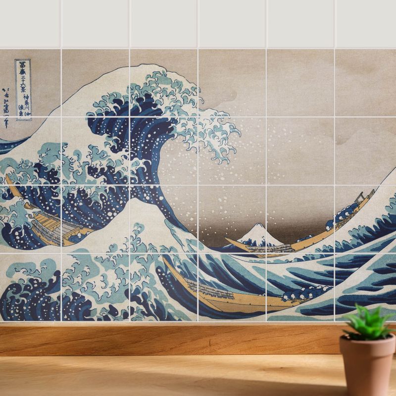Naklejki na ścianę do kuchni Wallfluent 20x20 cm Wielka fala w Kanagawie odświeżenie kafelek 24 szt.