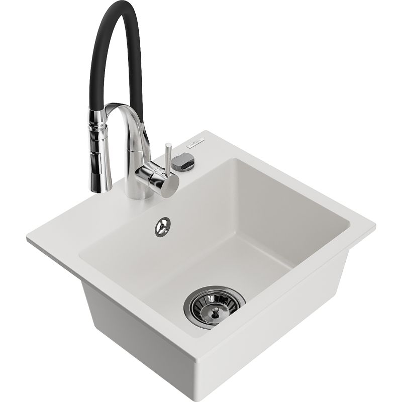 Zlewozmywak granitowy 1-komorowy Mexen Milo z baterią kuchenną Aster biały 6505-20-73450-07-B