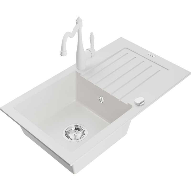 Zlewozmywak granitowy 1-komorowy Mexen Pablo z ociekaczem i baterią kuchenną Carla biały 6510-20-670700-20