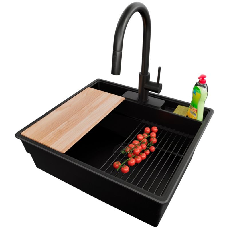 Zlewozmywak Granitowy Nowy Jork PRIMAGRAN Nablatowy 58x53cm, Cały Czarny + Bateria + Syfon + Akcesorium, S055, 1 szt.