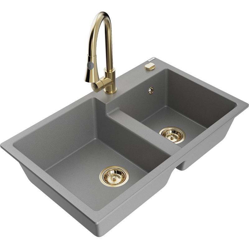 Zlewozmywak granitowy 2-komorowy Mexen Tomas z baterią kuchenną Flora beżowy - 6516-69-670401-70-B 1 szt.