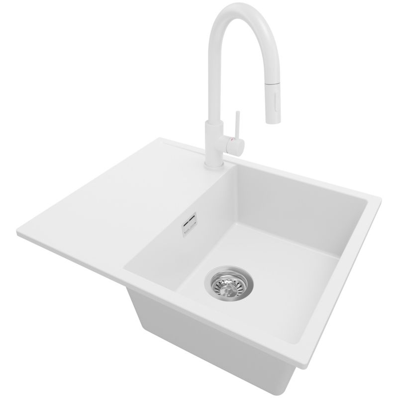 Zlewozmywak Granitowy Ibiza PRIMAGRAN Nablatowy 62x50cm do szafki od 45cm, Biały + Bateria 40x20cm + Syfon, S017, 1 szt.