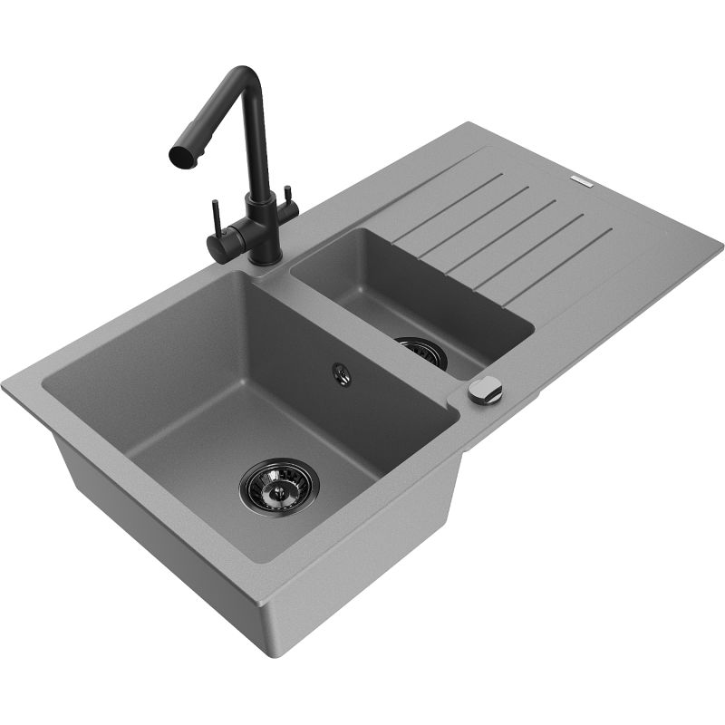 Zlewozmywak granitowy 1.5-komorowy Mexen Matias z ociekaczem i baterią kuchenną Duero szary 6502-71-671600-70-B