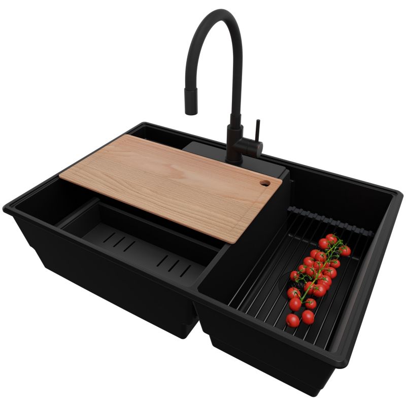 Zlewozmywak Granitowy Paryż PRIMAGRAN Nablatowy 78x53cm, Cały Czarny + Bateria + Syfon + Akcesorium, S056, 1 szt.