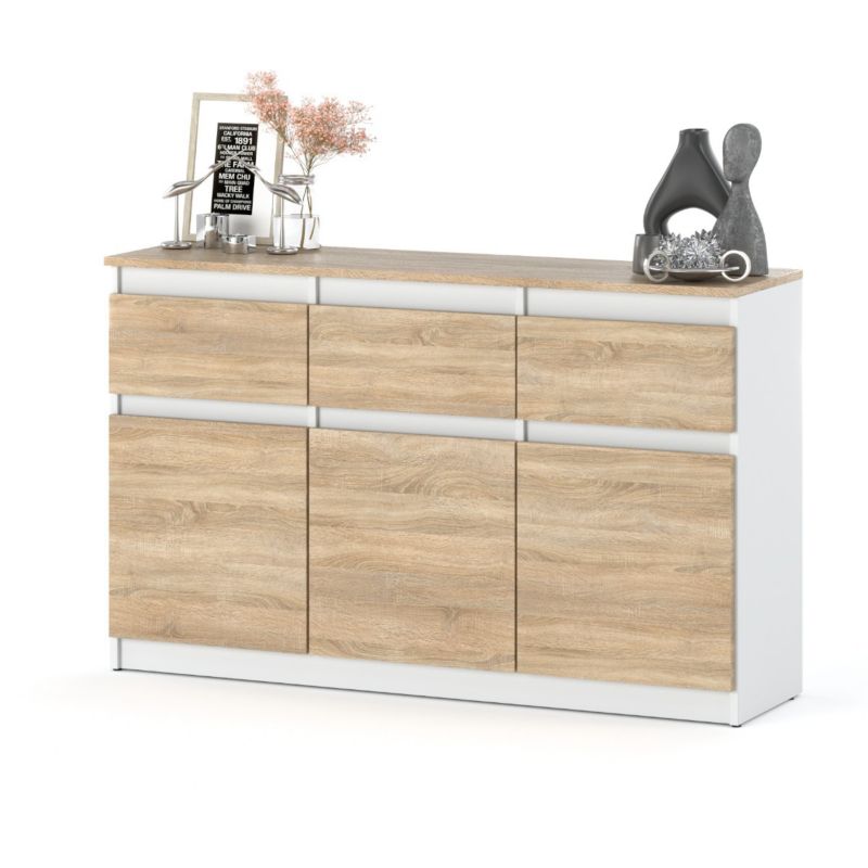 Komoda Hurtownia-Mebli Szuflady 3 Oleksa Plus 3D3SZ 120cm Biały Mat Dąb Sonoma 120x35x75 cm 1szt.