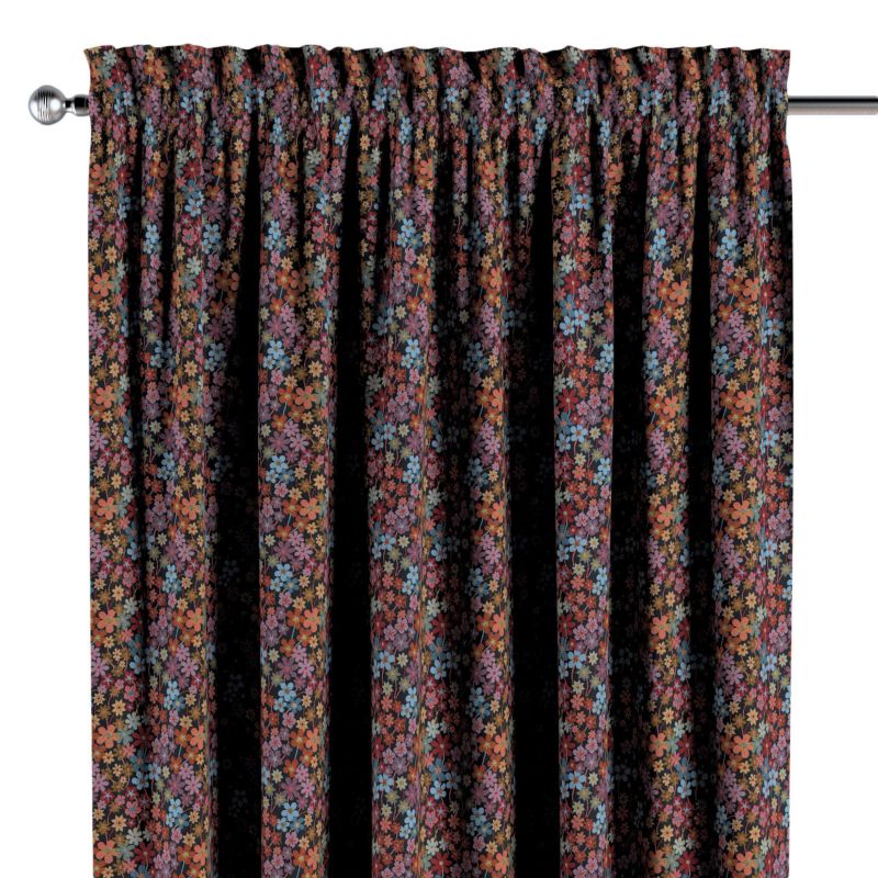Zasłona na kanale z grzywką 1 szt. 130 x 245 cm Dekoria kolorowe kwiaty na czarnym tle 1 szt.