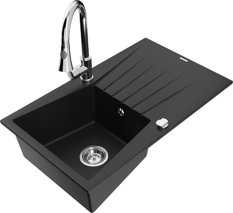 Zlewozmywak granitowy Mexen Cesar 1-komorowy z ociekaczem i baterią kuchenną Elia czarny - 6514-77-670101-70-B 1 szt.