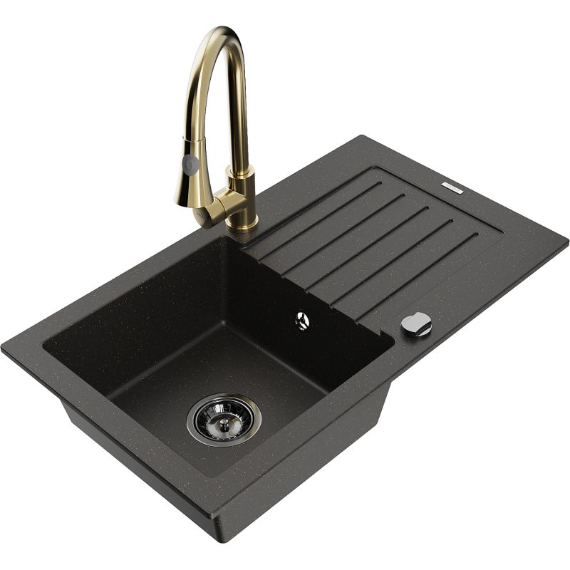 Zlewozmywak granitowy 1-komorowy Mexen Pablo z ociekaczem i baterią kuchenną Elia czarny/złoty metalik 6510-75-670101-50-B