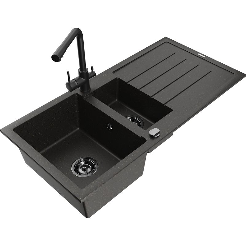 Zlewozmywak granitowy 1.5-komorowy Mexen Andres z ociekaczem i baterią kuchenną Duero czarny/złoty 6515-75-671600-70-B