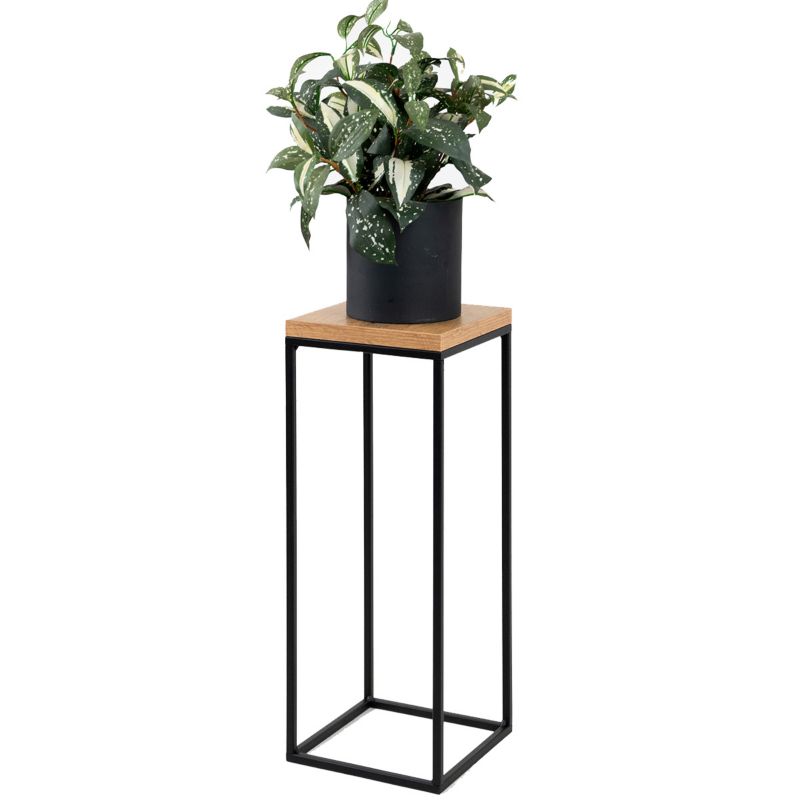 Kwietnik stojący metalowy pojedynczy mały S rozm. 19x19x49 cm Loft e-floor czarny półka deska laminowana dąb 1 szt