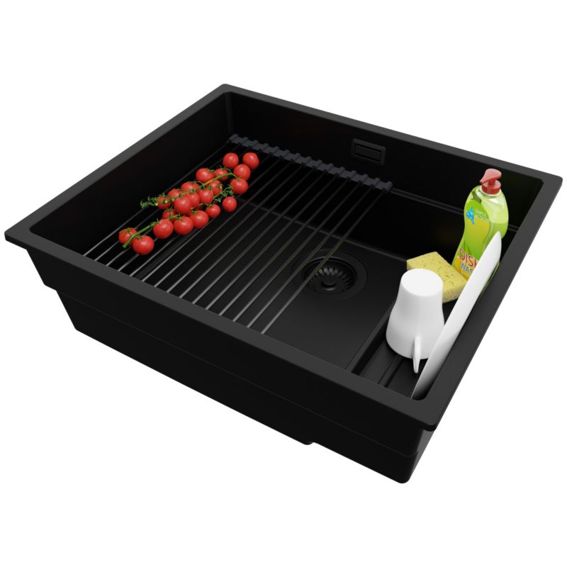 Zlewozmywak Praga Slim PRIMAGRAN Nablatowy 56x47cm do szafki od 60cm, Cały Czarny + Syfon + Zwijany ociekacz, S367, 1 szt.