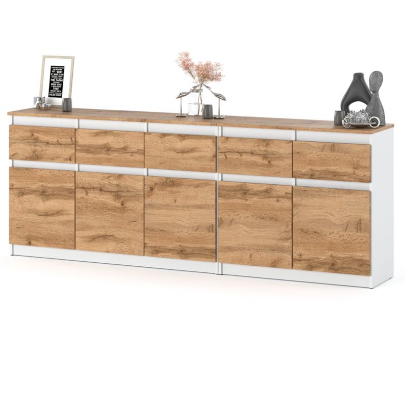 Komoda Hurtownia-Mebli Szuflady 5 komoda Best Oleksa Plus 200cm Biały Mat Dąb Wotan 200x35x75 cm 1szt.