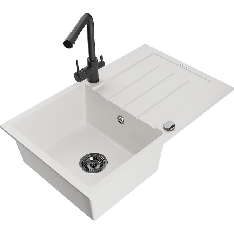 Zlewozmywak granitowy 1-komorowy Mexen Bruno z ociekaczem i baterią kuchenną Duero czarny - 6513-77-671600-70 1 szt.