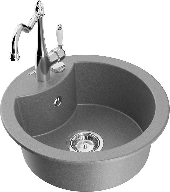 Zlewozmywak granitowy Mexen Diego 1-komorowy z baterią kuchenną Carla szary 6512-71-670700-00