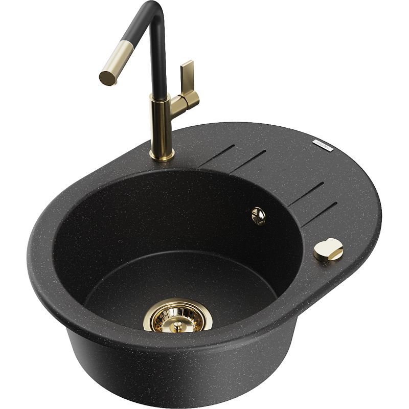 Zlewozmywak granitowy 1-komorowy Mexen Kevin z ociekaczem i baterią Flora czarny/srebrny metalik - 6517-73-670401-00 1 szt.