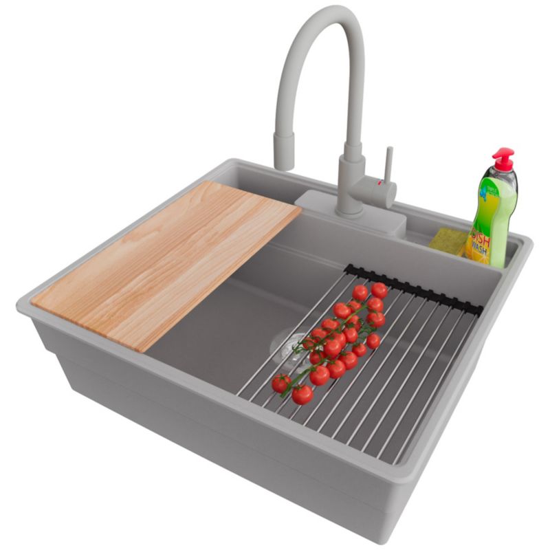 Zlewozmywak Granitowy Nowy Jork PRIMAGRAN Nablatowy 58x53cm do szafki od 60cm, Szary + Bateria + Syfon + Akcesoria, S051, 1 szt.