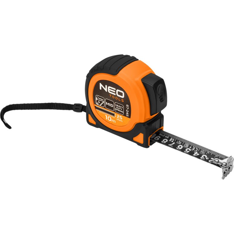 Miara zwijana NEO TOOLS stalowa Super Black 10 m x 25 mm, auto blokada, dwa przyciski stop, magnes 1 szt