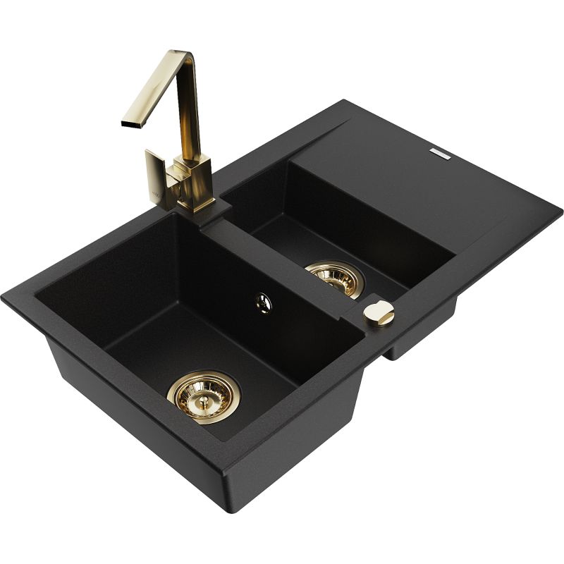 Zlewozmywak granitowy 1.5-komorowy Mexen Gaspar z ociekaczem i baterią kuchenną Rita czarny 6507-77-670300-50