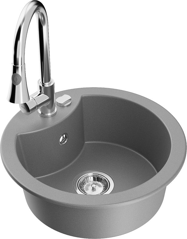 Zlewozmywak granitowy Mexen Diego 1-komorowy z baterią kuchenną Elia szary 6512-71-670101-00