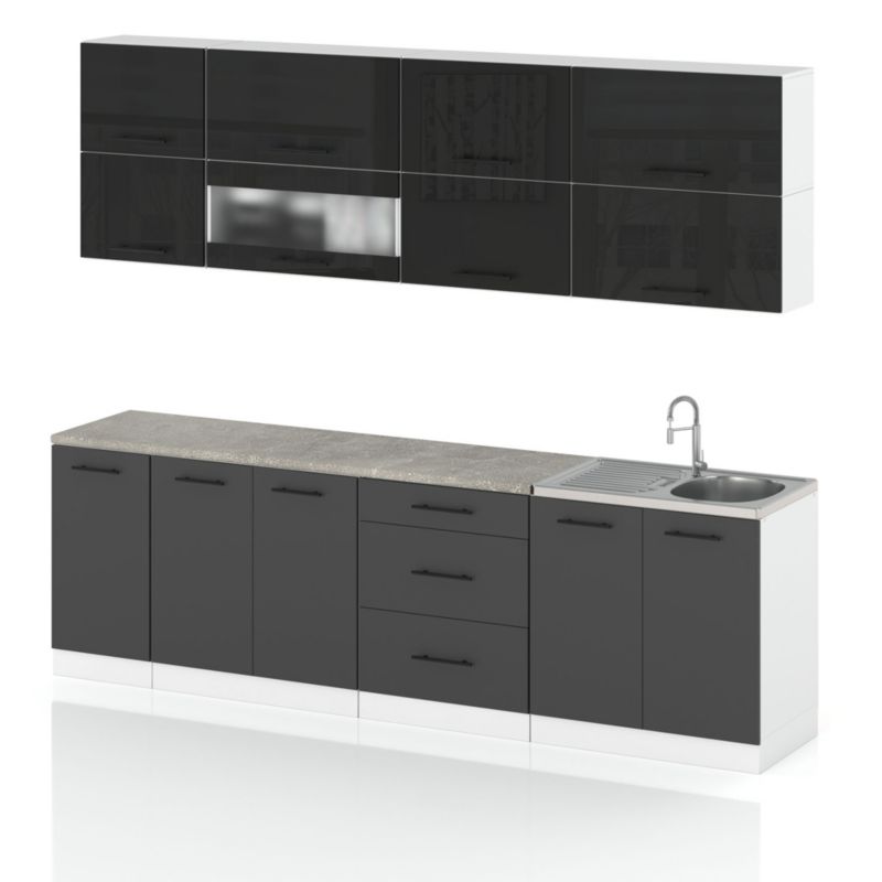 Zestaw Kuchenny Hurtownia-Mebli Z Blatem Kuchnia Robo Lux 260cm Biały Mat Czarny Połysk/Szary Mat 260x52x157 cm 1szt.
