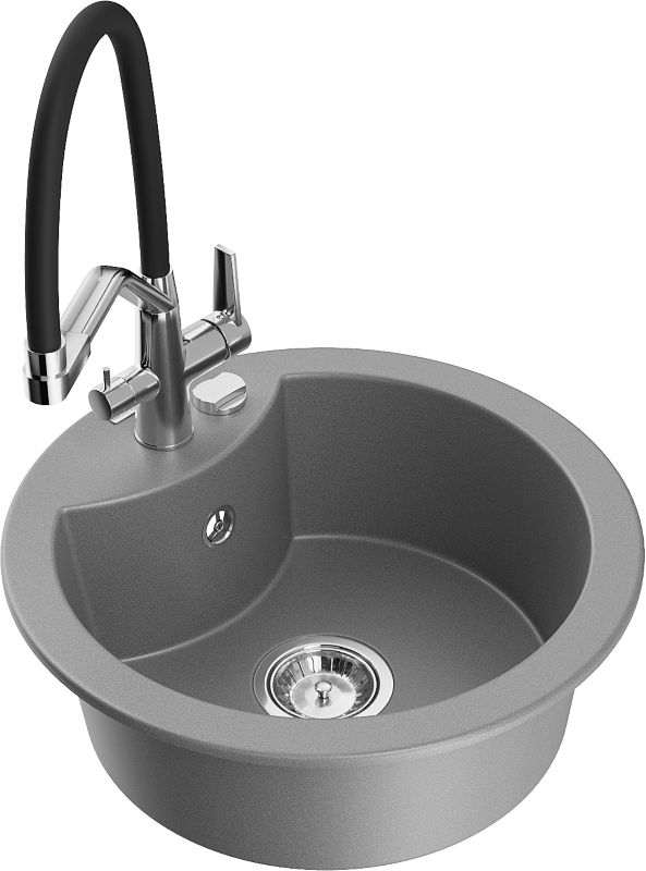 Zlewozmywak granitowy Mexen Diego 1-komorowy z baterią kuchenną Duo szary 6512-71-671701-07