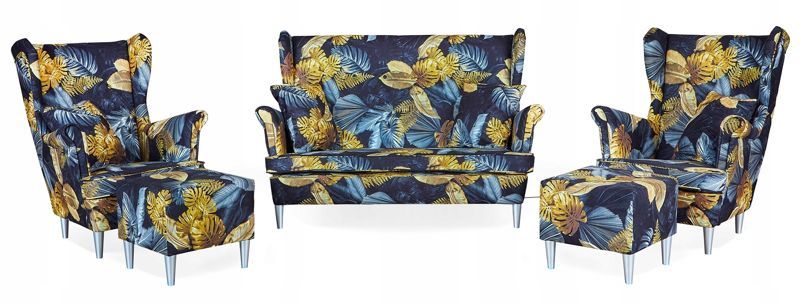 Zestaw wypoczynkowy uszak do salonu sofa fotele pufy Family Meble Ari Print granat 1szt