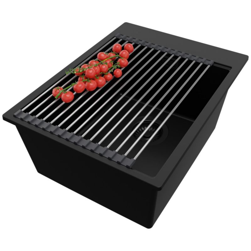 Zlewozmywak Oslo PRIMAGRAN Nablatowy 38x50cm do szafki od 40cm z Syfonem i Dodatkiem Cały Czarny 1 szt.