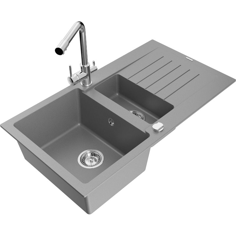 Zlewozmywak granitowy 1.5-komorowy Mexen Matias z ociekaczem i baterią kuchenną Duero szary 6502-71-671600-00