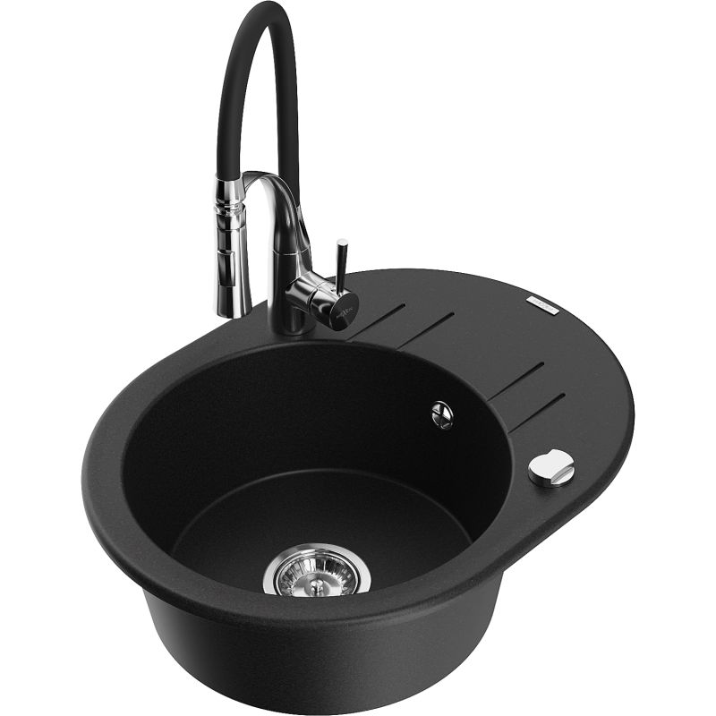 Zlewozmywak granitowy 1-komorowy Mexen Kevin z ociekaczem i baterią kuchenną Aster czarny - 6517-77-73450-57-B 1 szt.