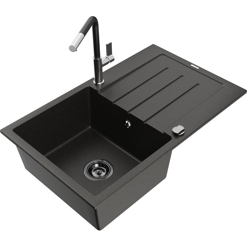 Zlewozmywak granitowy 1-komorowy Mexen Bruno z ociekaczem i baterią kuchenną Flora czarny/złoty metalik 6513-75-670401-07-B