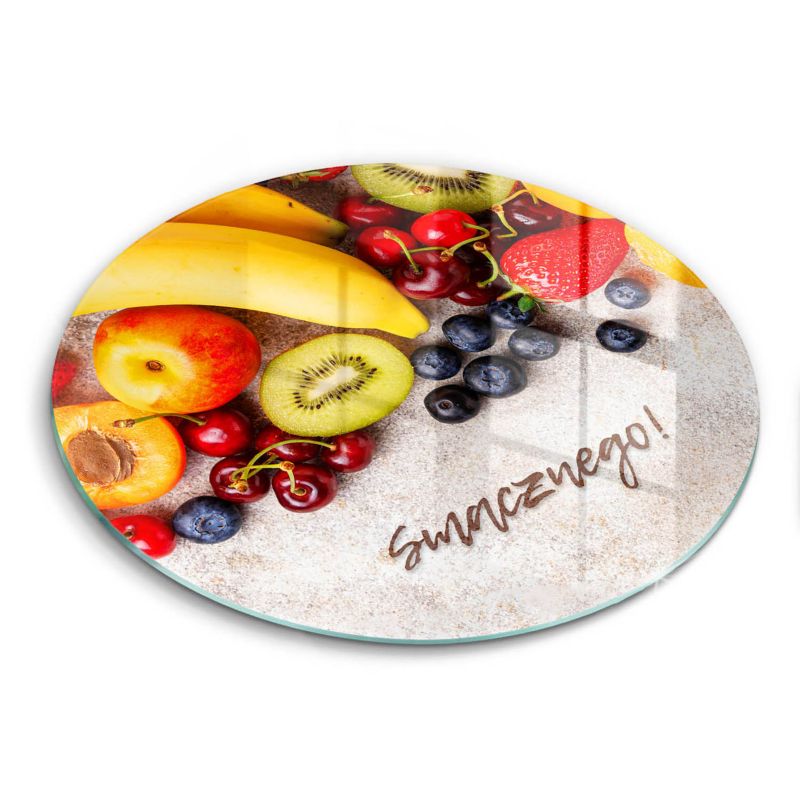 Szklana deska do krojenia Wallfluent fi40 cm Owoce, Napis: Smacznego 1 szt.
