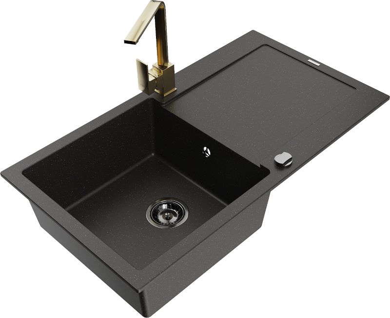 Zlewozmywak granitowy Mexen Leo 1-komorowy z ociekaczem i baterią kuchenną Savita czarny/złoty - 6501-75-672601-70-B 1 szt.