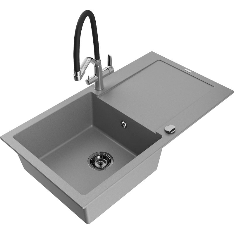 Zlewozmywak granitowy 1-komorowy Mexen Leo z ociekaczem i baterią kuchenną Duo szary 6501-71-671701-07-B