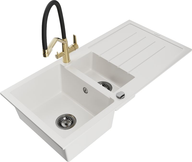 Zlewozmywak granitowy Mexen Andres 1,5-komorowy z ociekaczem i baterią kuchenną Duo biały 6515-20-671701-57-B