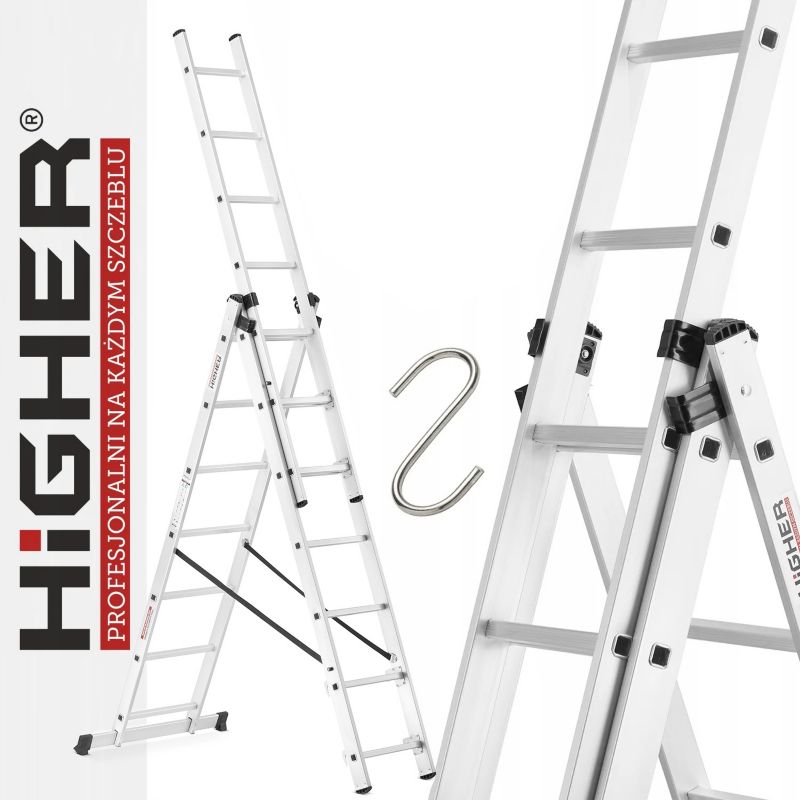 Drabina aluminiowa wielofunkcyjna z opcją ustawienia na schodach 3x7 HIGHER ML-607 + hak 1szt.