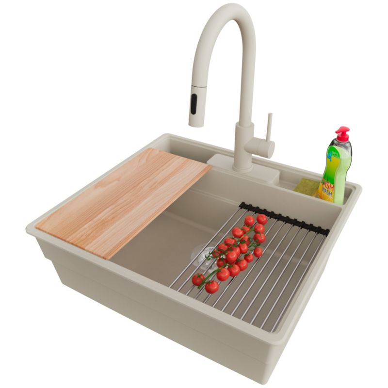 Zlewozmywak Granitowy Nowy Jork PRIMAGRAN Nablatowy 58x53cm do szafki od 60cm, Beżowy + Bateria + Syfon + Akcesoria, S048, 1 szt.