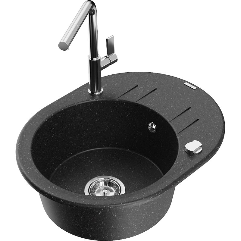 Zlewozmywak granitowy 1-komorowy Mexen Kevin z ociekaczem i baterią Flora czarny/srebrny metalik - 6517-73-670401-07 1 szt.