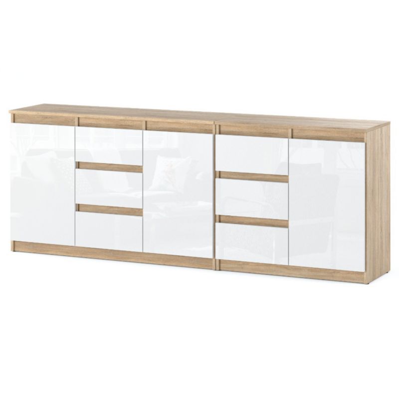 Komoda Hurtownia-Mebli Szuflady 6 Best Agnes 200cm Dąb Sonoma Biały Połysk 200x35x75 cm 1szt.