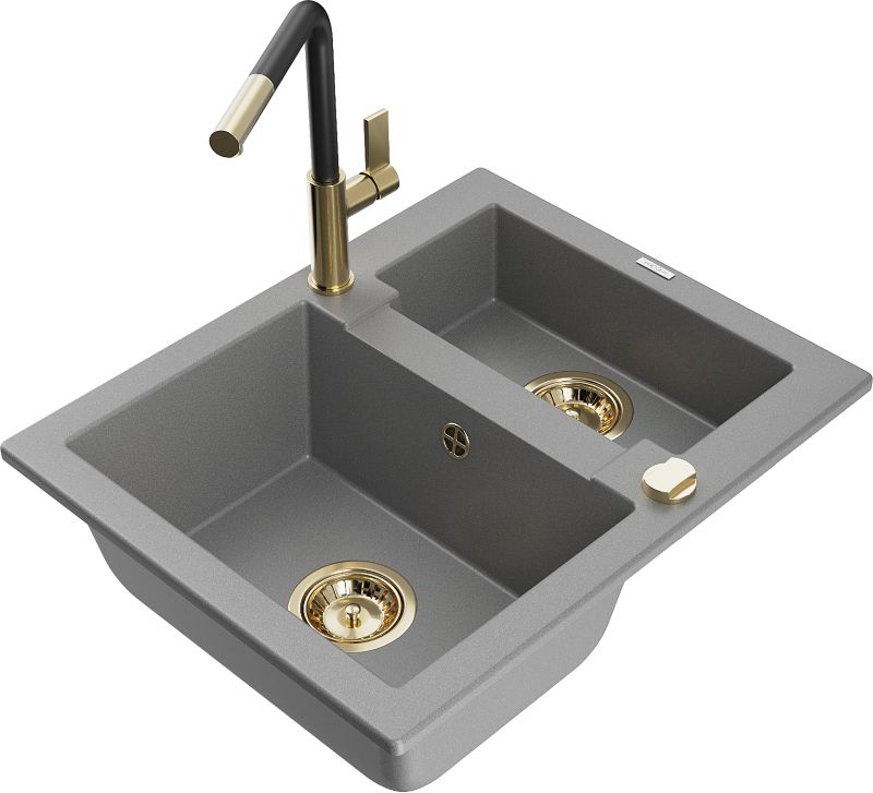 Zlewozmywak granitowy Mexen Carlos 1,5-komorowy z baterią kuchenną Flora szary 6518-71-670401-57-G