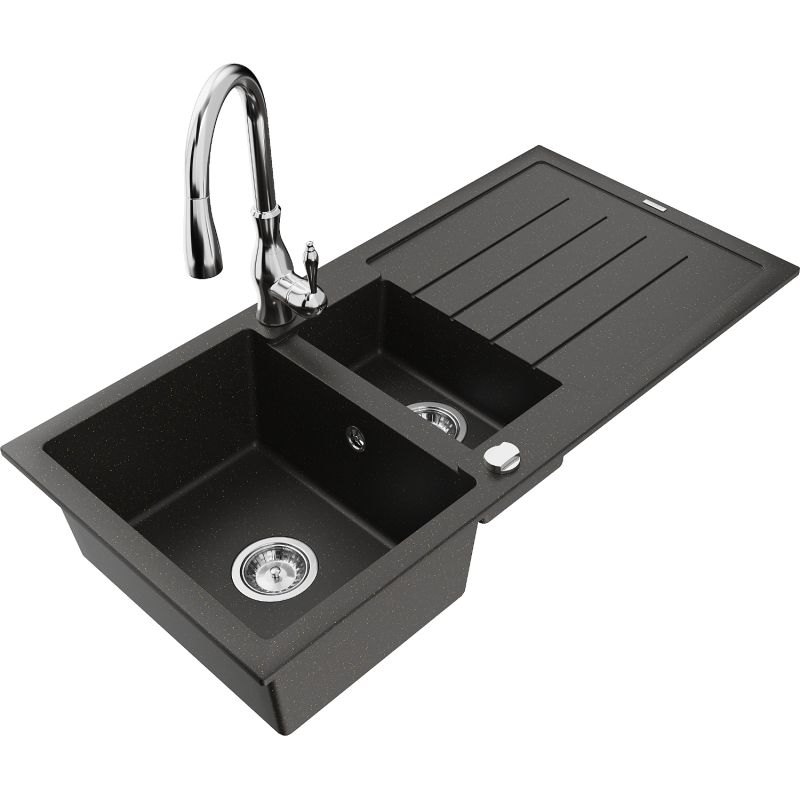 Zlewozmywak granitowy 1.5-komorowy Mexen Andres z ociekaczem i baterią Savita czarny/złoty metalik - 6515-75-672601-70 1 szt.