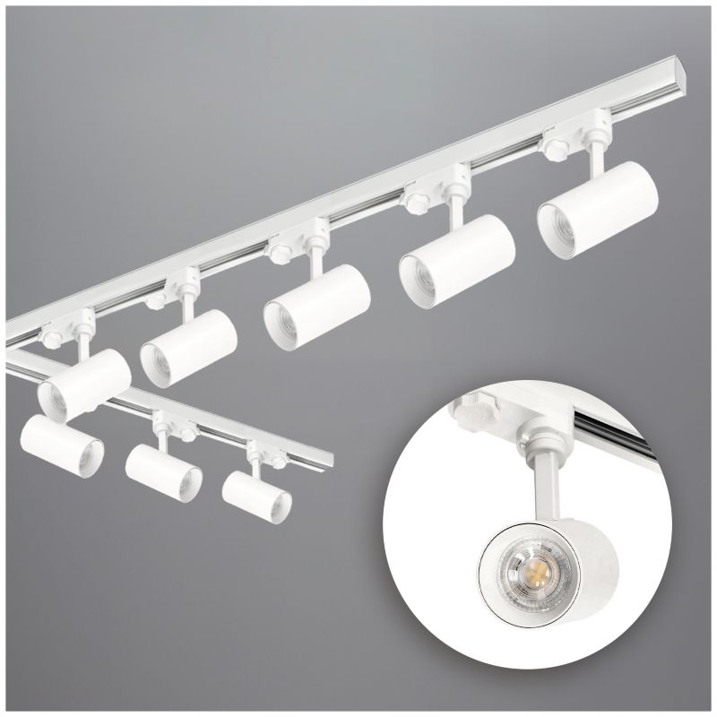 Zestaw szynowy 3-fazowy Kobi Szyna 1m+2m, 8x Reflektor GU10, Łącznik biały 1kpl.