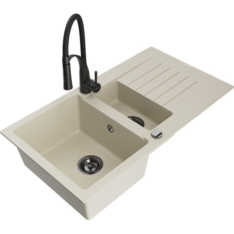 Zlewozmywak granitowy 1.5-komorowy Mexen Matias z ociekaczem i baterią kuchenną Aster biały - 6502-20-73450-70-B 1 szt.