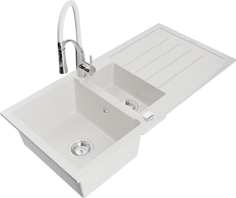 Zlewozmywak granitowy Mexen Andres 1,5-komorowy z ociekaczem i baterią kuchenną Aster biały 6515-20-73450-02