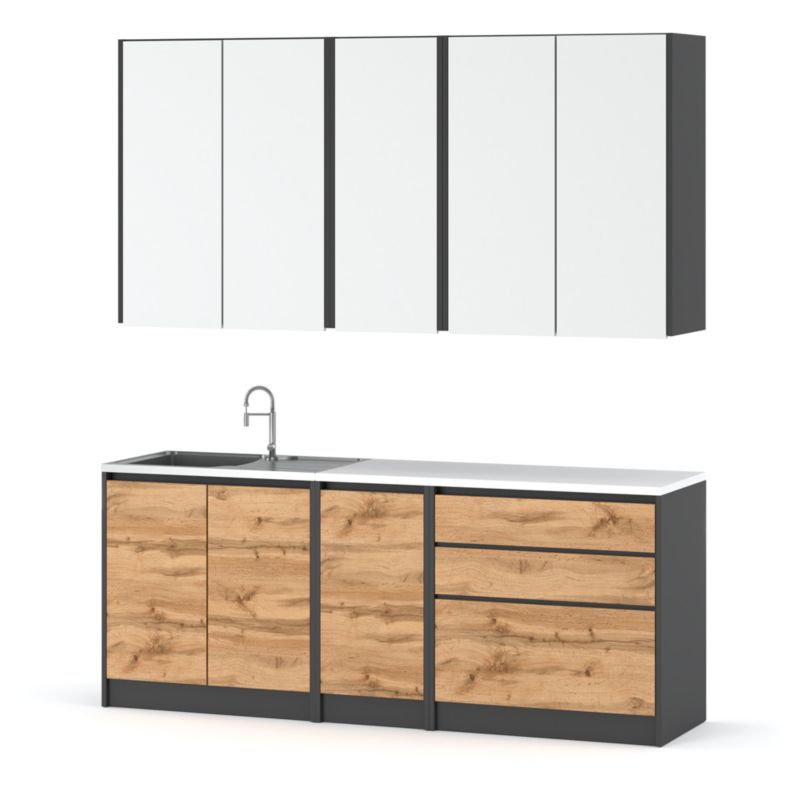 Zestaw Kuchenny Hurtownia-Mebli Z Blatem Kuchnia Bella Mini 200cm Szary Mat Biały Mat/Dąb Wotan 200x47x185 cm 1szt.