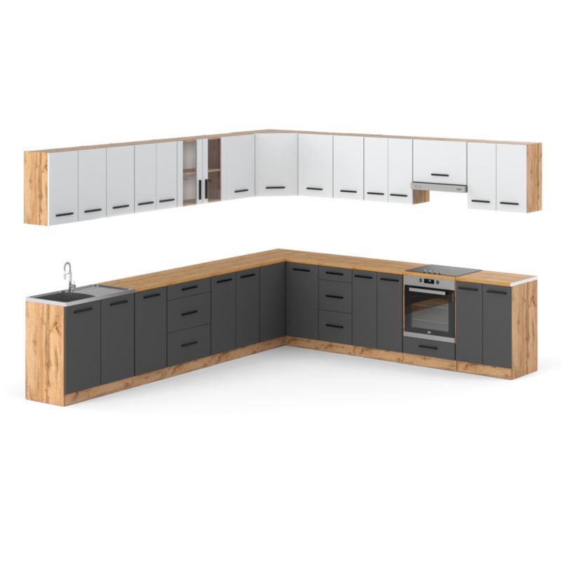 Zestaw Kuchenny Hurtownia-Mebli Z Blatem Kuchnia narożna Rossa 680cm Dąb Wotan Biały Mat/Szary Mat 680x47x145 cm 1szt.